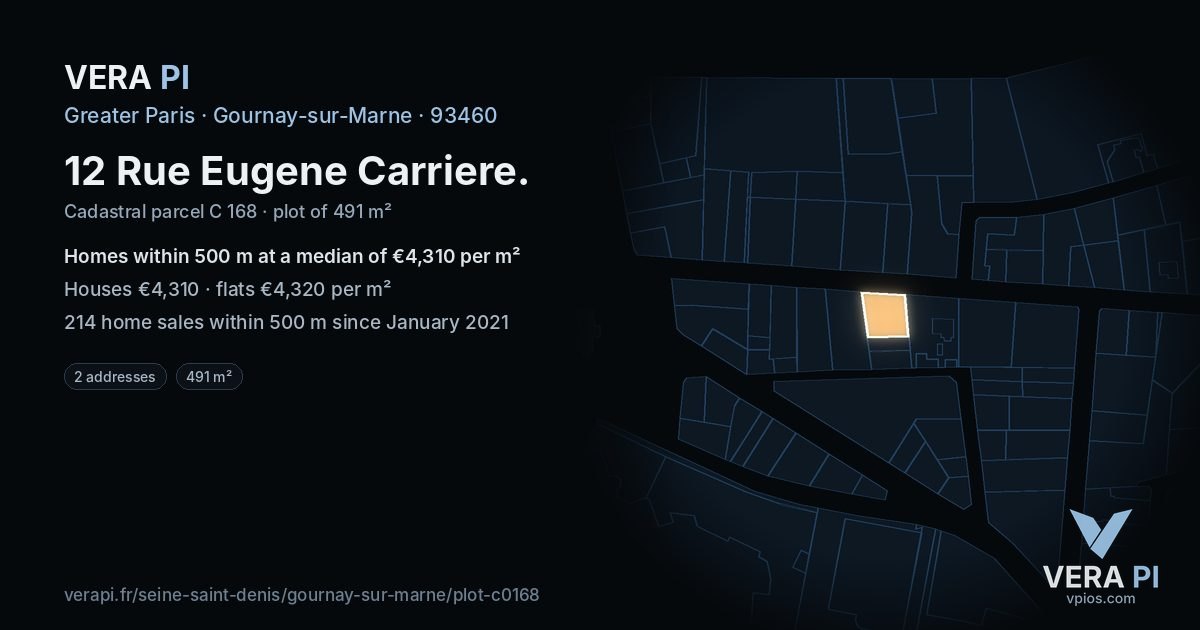 12 Rue Eugene Carriere, Gournay-sur-Marne at night – the plot lit, the parcels around coloured by the prices near them