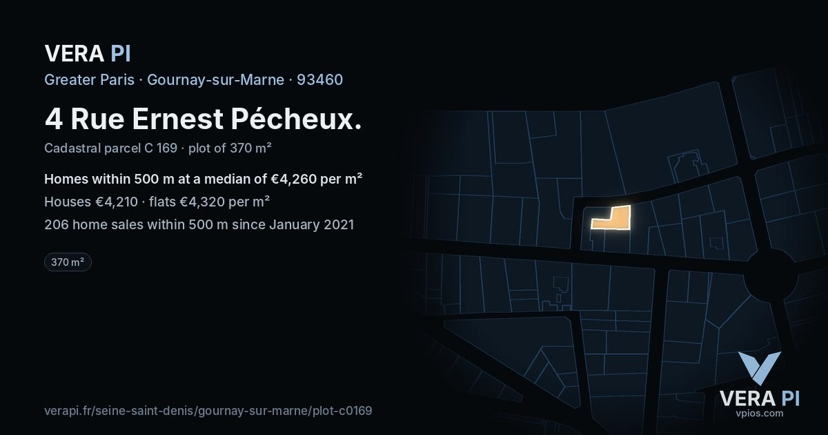 4 Rue Ernest Pécheux, Gournay-sur-Marne at night – the plot lit, the parcels around coloured by the prices near them