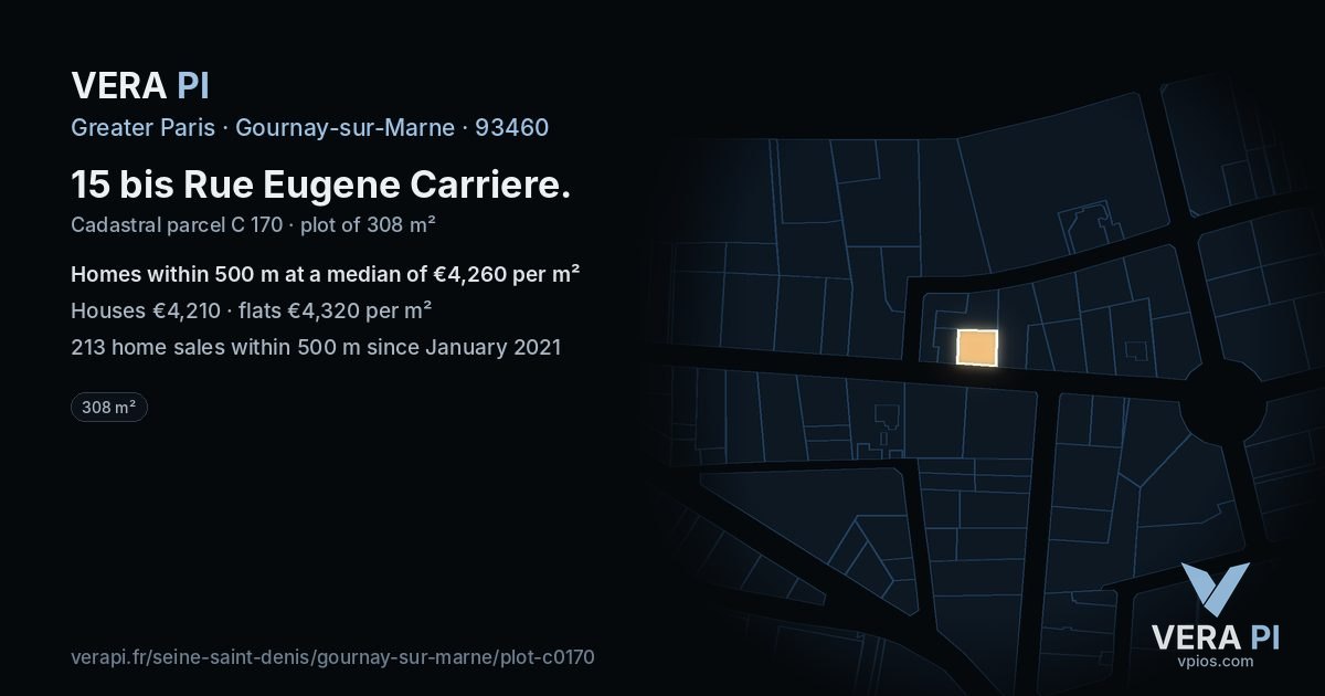 15 bis Rue Eugene Carriere, Gournay-sur-Marne at night – the plot lit, the parcels around coloured by the prices near them