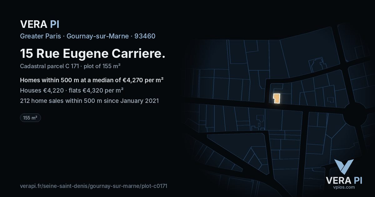15 Rue Eugene Carriere, Gournay-sur-Marne at night – the plot lit, the parcels around coloured by the prices near them