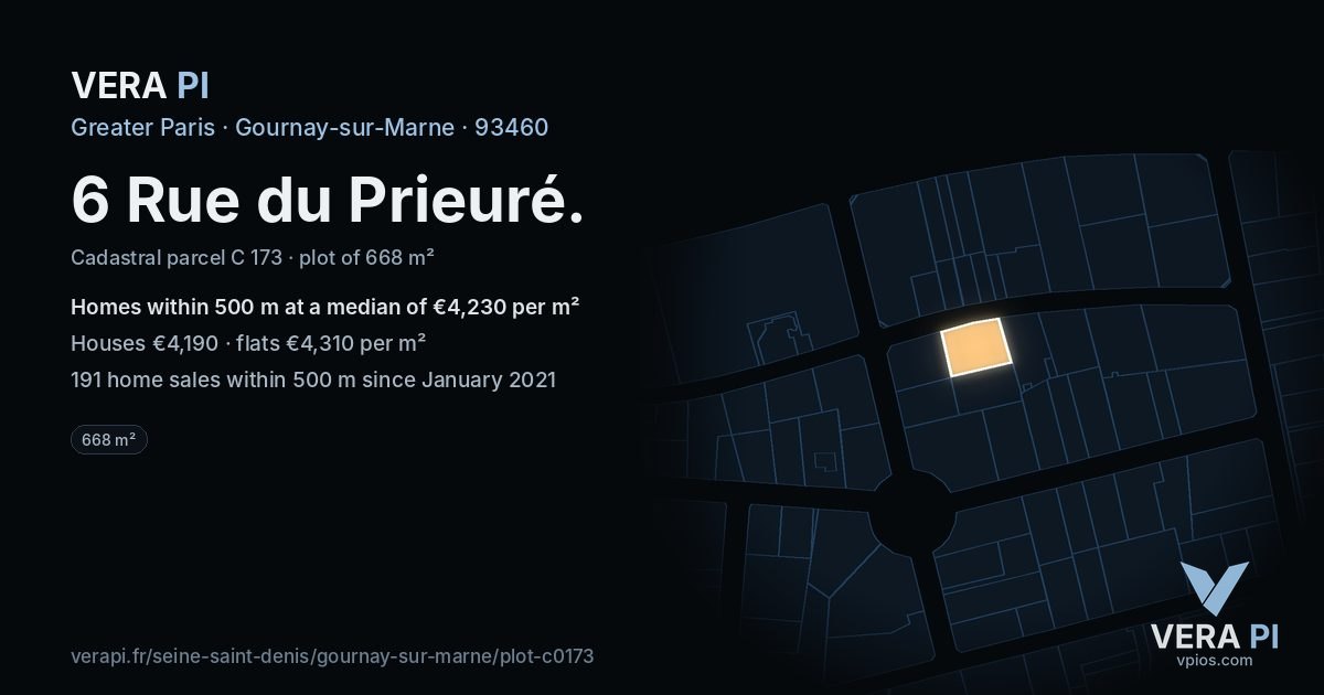 6 Rue du Prieuré, Gournay-sur-Marne at night – the plot lit, the parcels around coloured by the prices near them