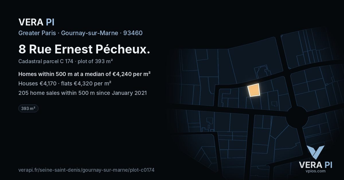 8 Rue Ernest Pécheux, Gournay-sur-Marne at night – the plot lit, the parcels around coloured by the prices near them