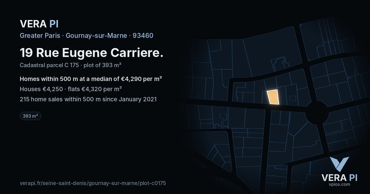 19 Rue Eugene Carriere, Gournay-sur-Marne at night – the plot lit, the parcels around coloured by the prices near them