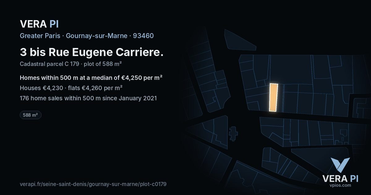 3 bis Rue Eugene Carriere, Gournay-sur-Marne at night – the plot lit, the parcels around coloured by the prices near them