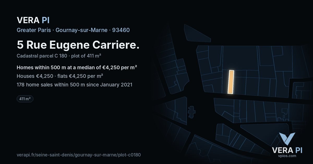 5 Rue Eugene Carriere, Gournay-sur-Marne at night – the plot lit, the parcels around coloured by the prices near them
