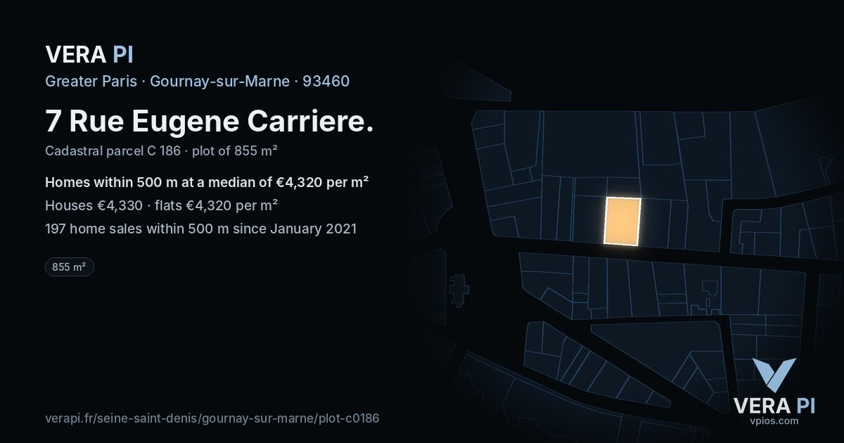 7 Rue Eugene Carriere, Gournay-sur-Marne at night – the plot lit, the parcels around coloured by the prices near them