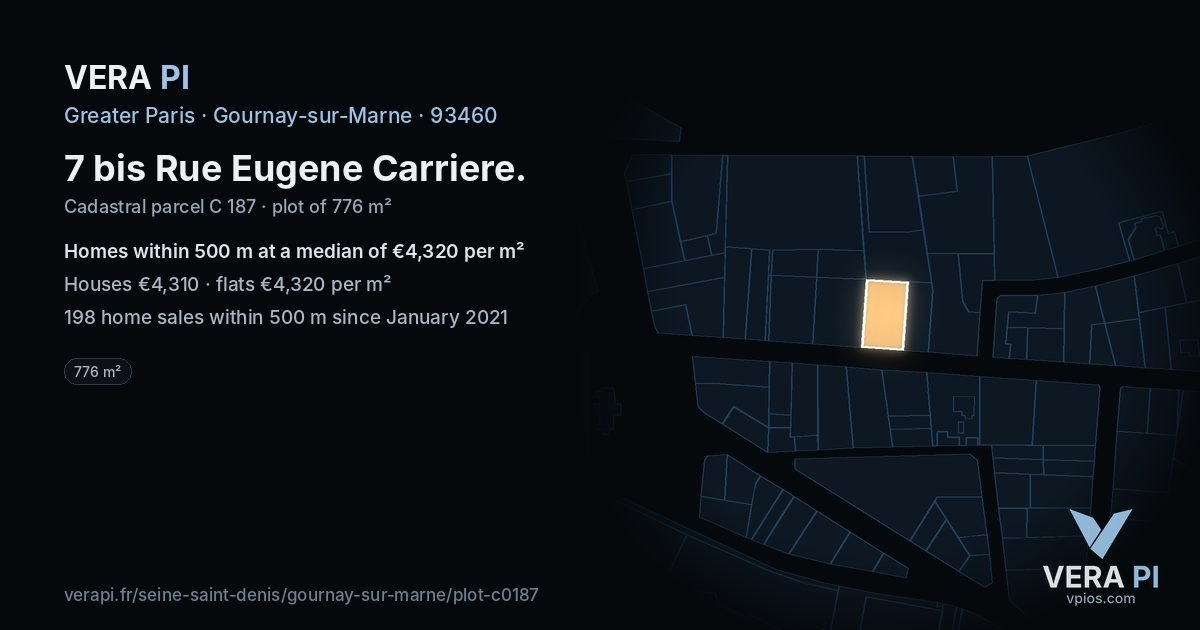 7 bis Rue Eugene Carriere, Gournay-sur-Marne at night – the plot lit, the parcels around coloured by the prices near them