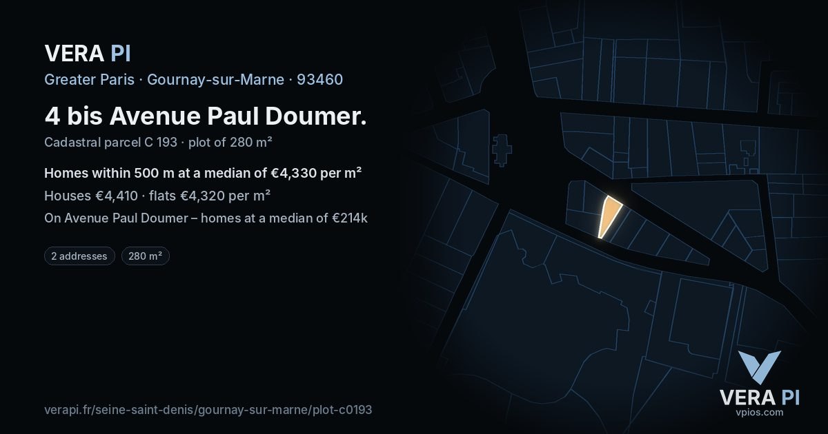 4 bis Avenue Paul Doumer, Gournay-sur-Marne at night – the plot lit, the parcels around coloured by the prices near them