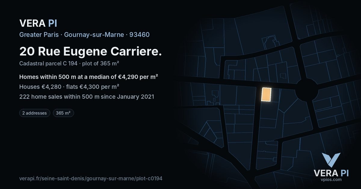 20 Rue Eugene Carriere, Gournay-sur-Marne at night – the plot lit, the parcels around coloured by the prices near them