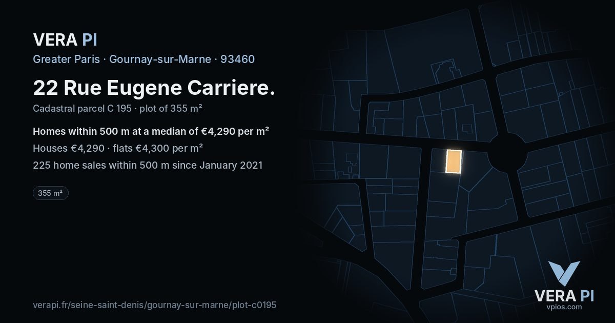 22 Rue Eugene Carriere, Gournay-sur-Marne at night – the plot lit, the parcels around coloured by the prices near them