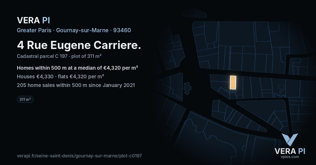 4 Rue Eugene Carriere, Gournay-sur-Marne at night – the plot lit, the parcels around coloured by the prices near them