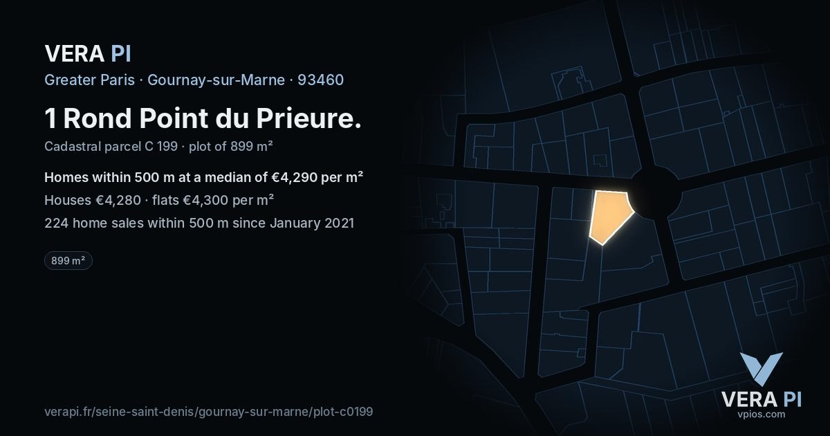 1 Rond Point du Prieure, Gournay-sur-Marne at night – the plot lit, the parcels around coloured by the prices near them