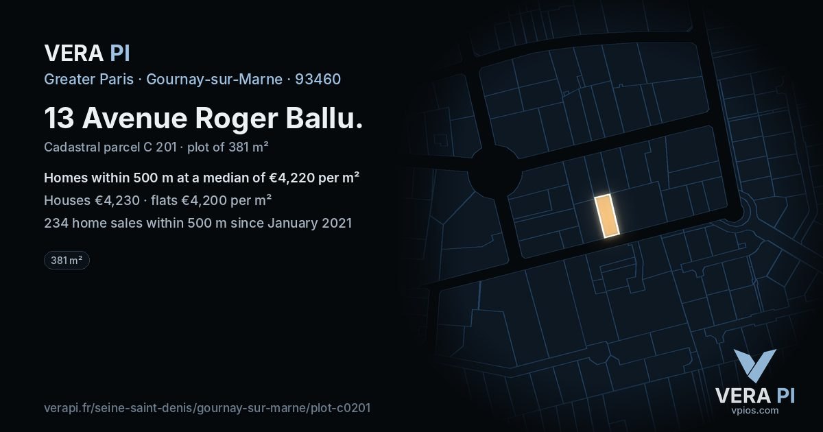 13 Avenue Roger Ballu, Gournay-sur-Marne at night – the plot lit, the parcels around coloured by the prices near them