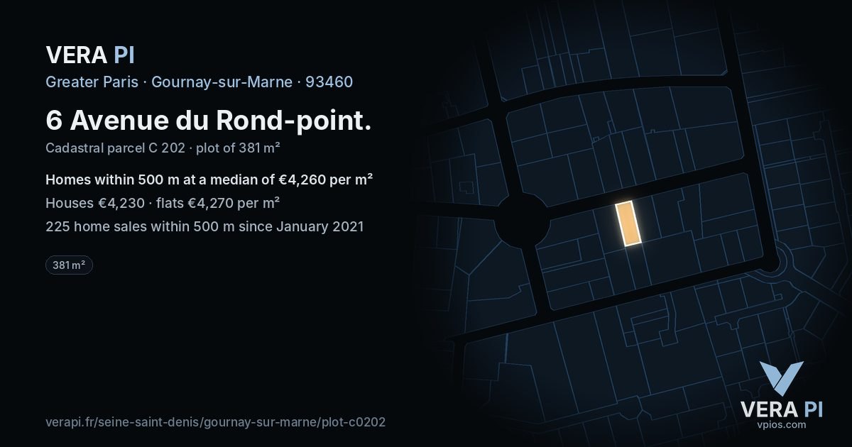 6 Avenue du Rond-point, Gournay-sur-Marne at night – the plot lit, the parcels around coloured by the prices near them