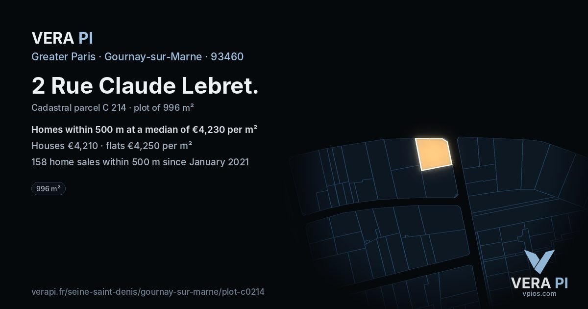 2 Rue Claude Lebret, Gournay-sur-Marne at night – the plot lit, the parcels around coloured by the prices near them