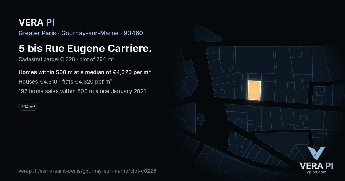 5 bis Rue Eugene Carriere, Gournay-sur-Marne at night – the plot lit, the parcels around coloured by the prices near them