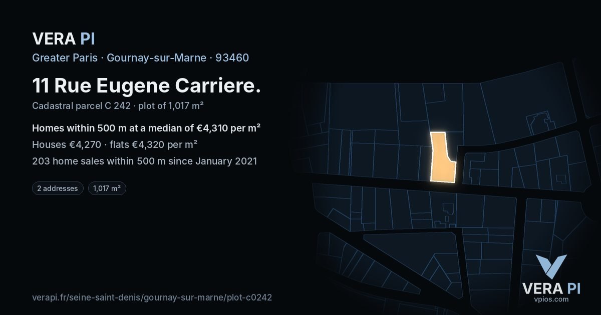 11 Rue Eugene Carriere, Gournay-sur-Marne at night – the plot lit, the parcels around coloured by the prices near them