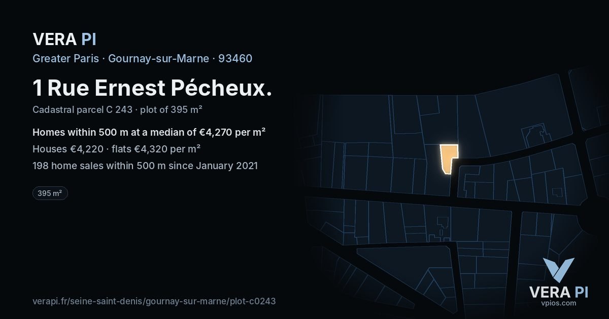 1 Rue Ernest Pécheux, Gournay-sur-Marne at night – the plot lit, the parcels around coloured by the prices near them