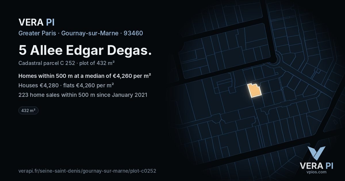 5 Allee Edgar Degas, Gournay-sur-Marne at night – the plot lit, the parcels around coloured by the prices near them
