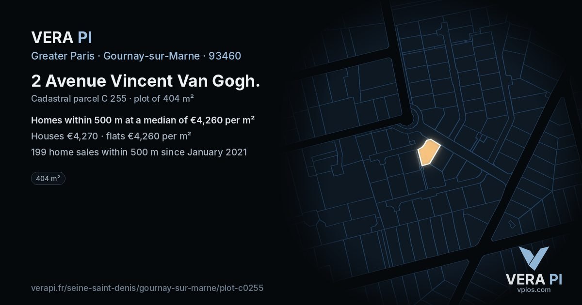 2 Avenue Vincent Van Gogh, Gournay-sur-Marne at night – the plot lit, the parcels around coloured by the prices near them