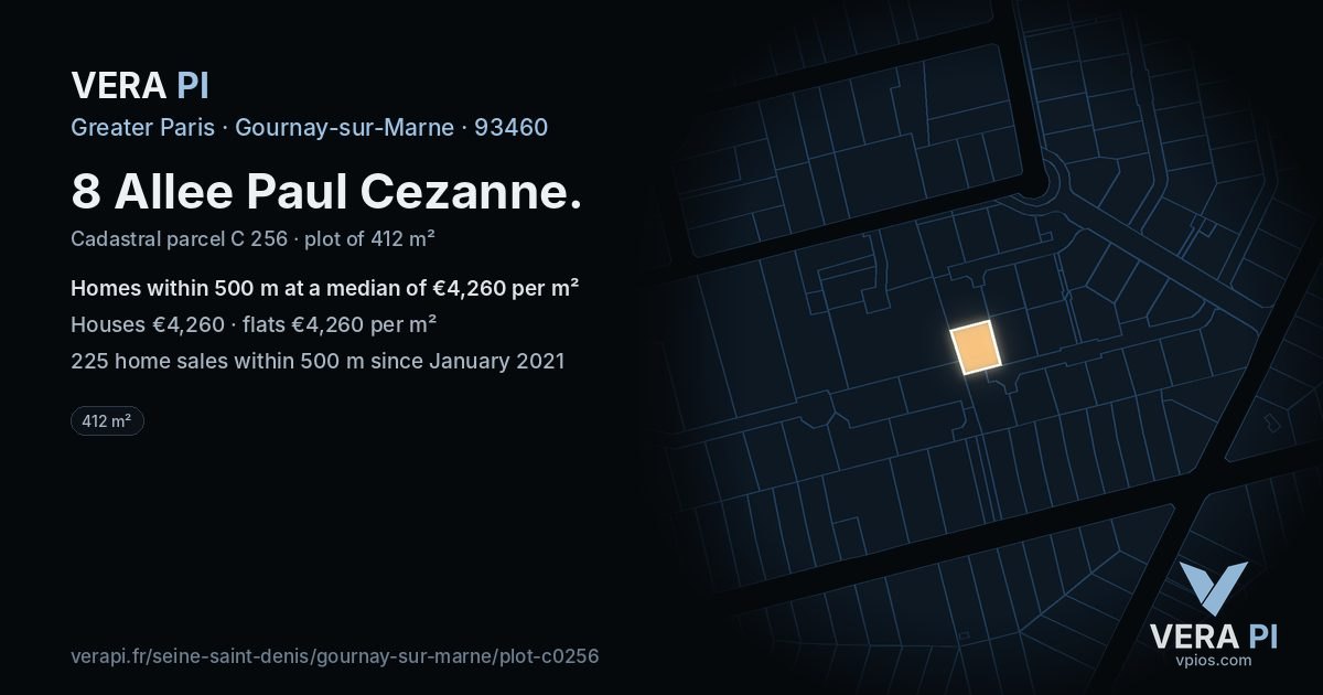 8 Allee Paul Cezanne, Gournay-sur-Marne at night – the plot lit, the parcels around coloured by the prices near them