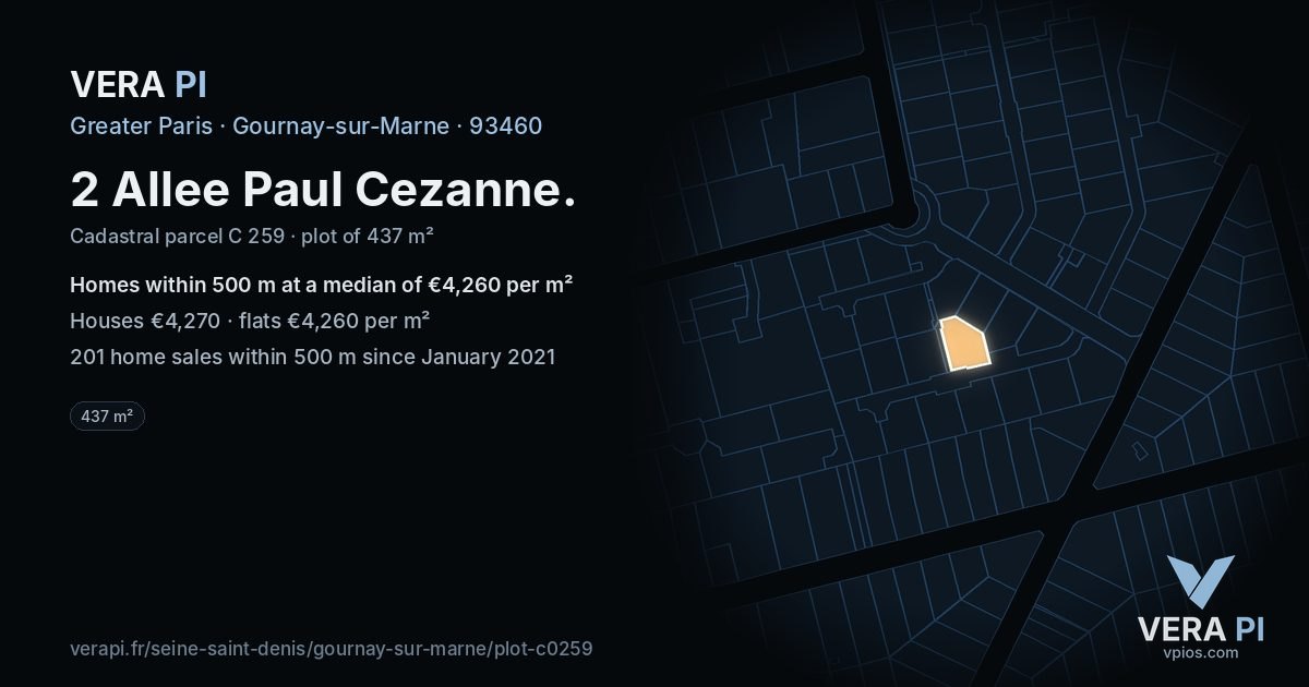 2 Allee Paul Cezanne, Gournay-sur-Marne at night – the plot lit, the parcels around coloured by the prices near them