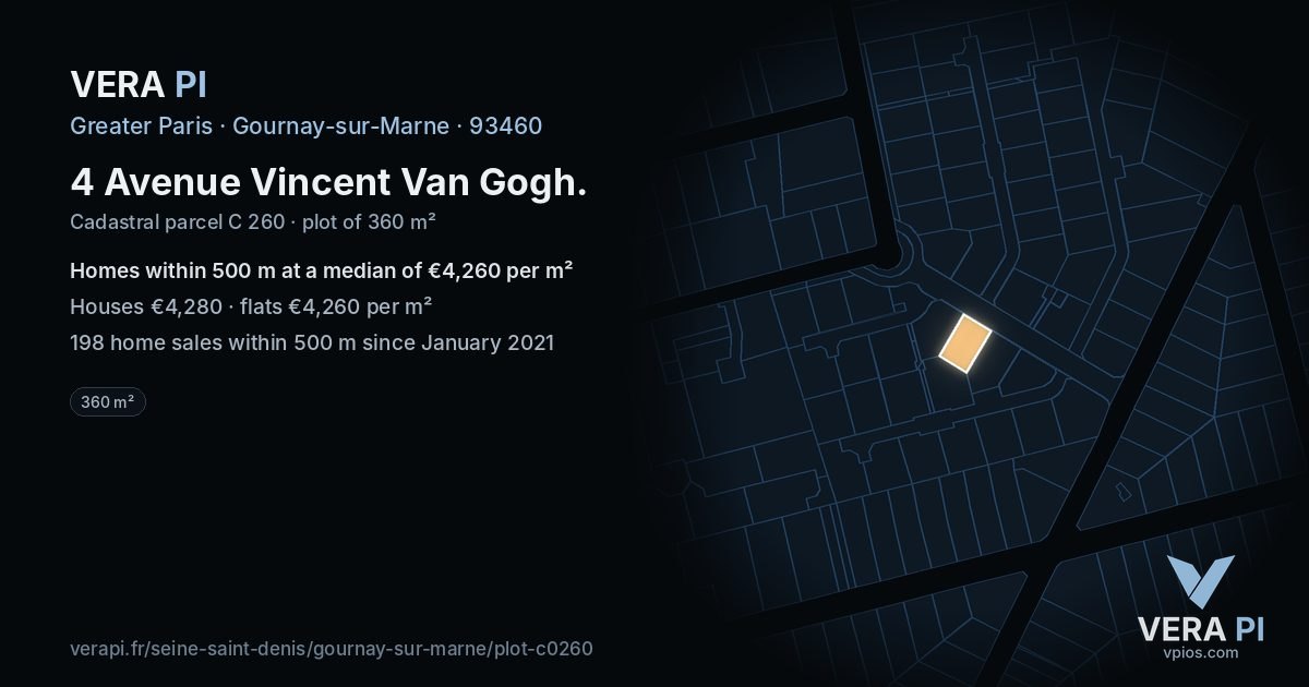 4 Avenue Vincent Van Gogh, Gournay-sur-Marne at night – the plot lit, the parcels around coloured by the prices near them