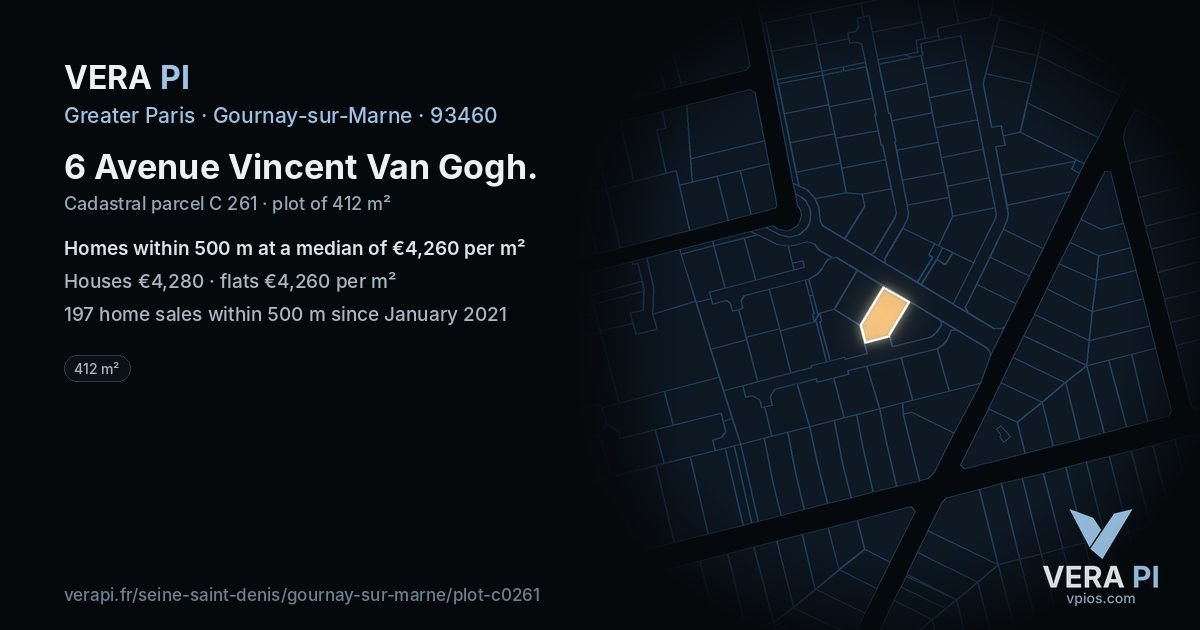 6 Avenue Vincent Van Gogh, Gournay-sur-Marne at night – the plot lit, the parcels around coloured by the prices near them