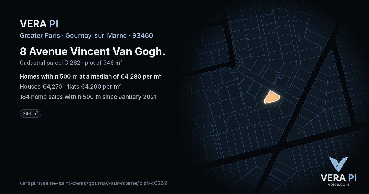 8 Avenue Vincent Van Gogh, Gournay-sur-Marne at night – the plot lit, the parcels around coloured by the prices near them
