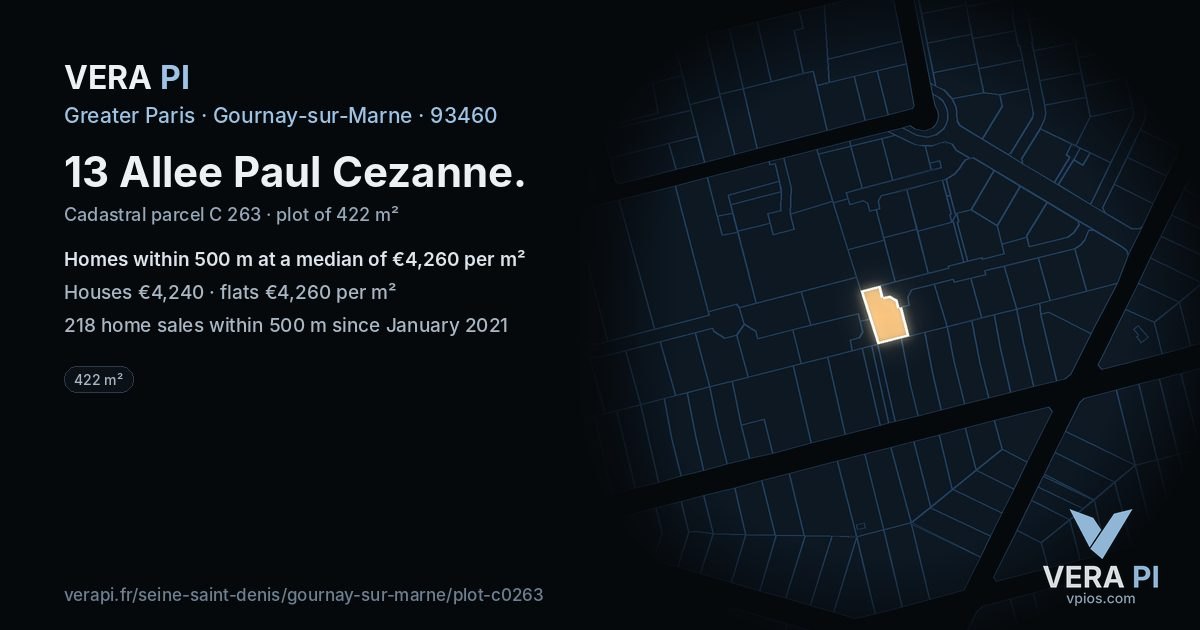 13 Allee Paul Cezanne, Gournay-sur-Marne at night – the plot lit, the parcels around coloured by the prices near them