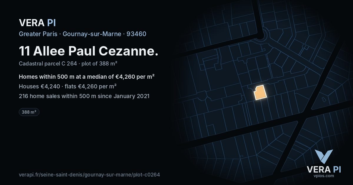 11 Allee Paul Cezanne, Gournay-sur-Marne at night – the plot lit, the parcels around coloured by the prices near them