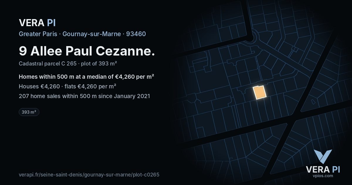 9 Allee Paul Cezanne, Gournay-sur-Marne at night – the plot lit, the parcels around coloured by the prices near them