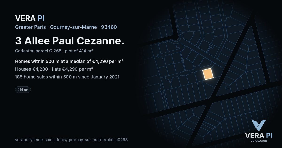 3 Allee Paul Cezanne, Gournay-sur-Marne at night – the plot lit, the parcels around coloured by the prices near them