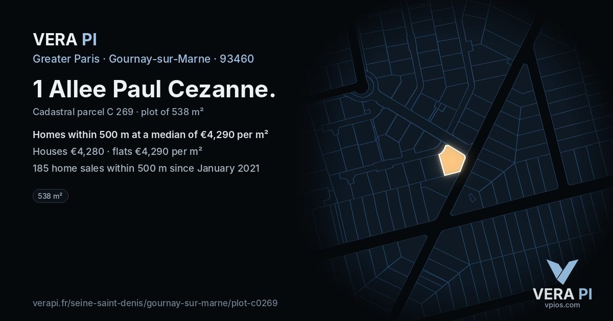 1 Allee Paul Cezanne, Gournay-sur-Marne at night – the plot lit, the parcels around coloured by the prices near them