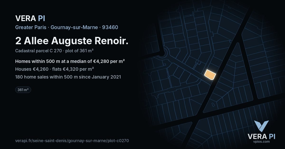 2 Allee Auguste Renoir, Gournay-sur-Marne at night – the plot lit, the parcels around coloured by the prices near them