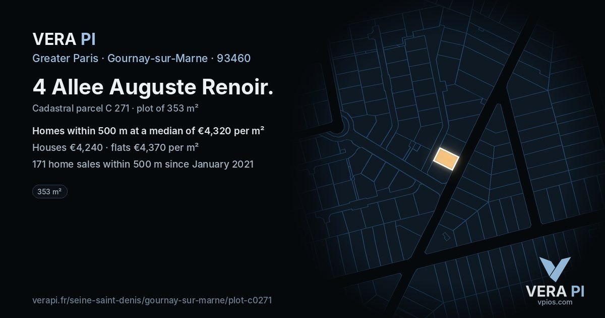 4 Allee Auguste Renoir, Gournay-sur-Marne at night – the plot lit, the parcels around coloured by the prices near them