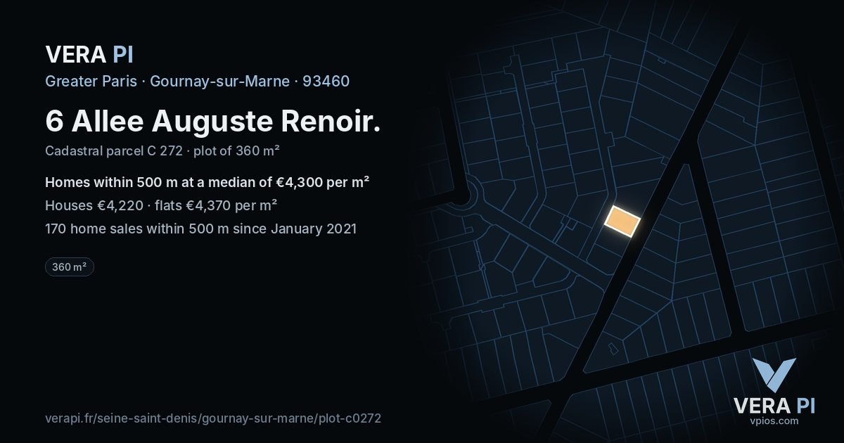6 Allee Auguste Renoir, Gournay-sur-Marne at night – the plot lit, the parcels around coloured by the prices near them