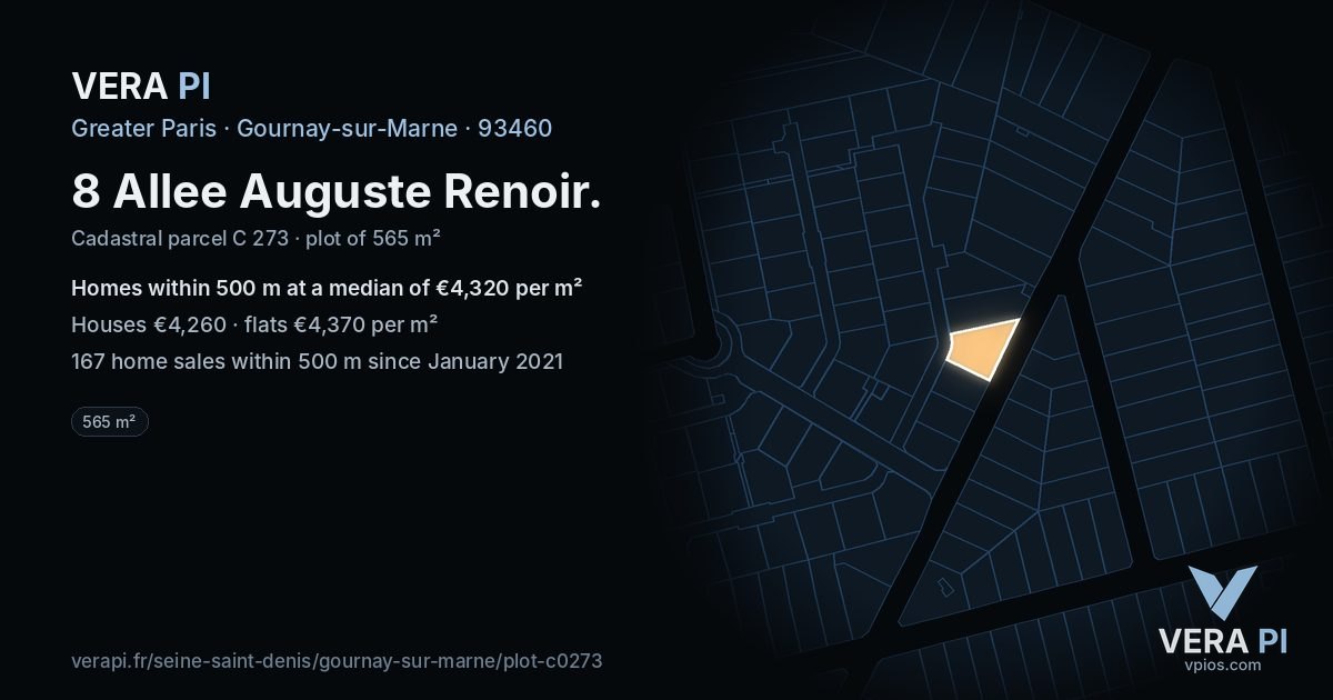 8 Allee Auguste Renoir, Gournay-sur-Marne at night – the plot lit, the parcels around coloured by the prices near them