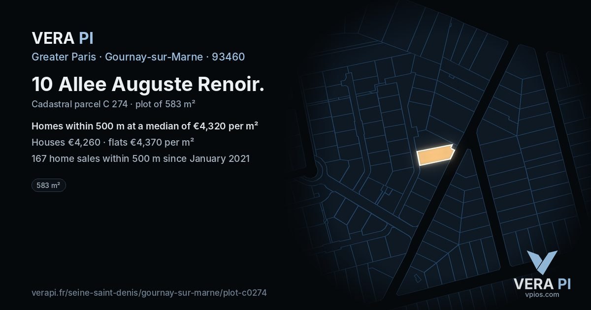 10 Allee Auguste Renoir, Gournay-sur-Marne at night – the plot lit, the parcels around coloured by the prices near them