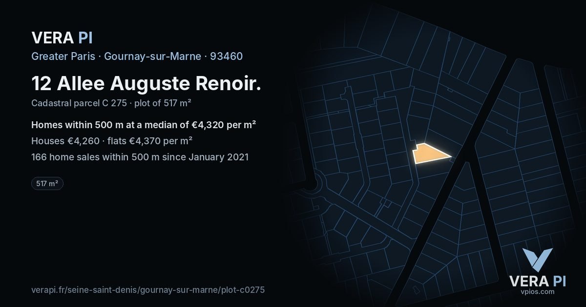 12 Allee Auguste Renoir, Gournay-sur-Marne at night – the plot lit, the parcels around coloured by the prices near them