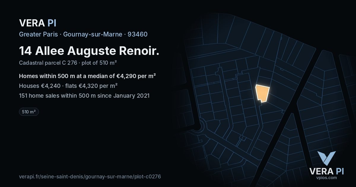 14 Allee Auguste Renoir, Gournay-sur-Marne at night – the plot lit, the parcels around coloured by the prices near them