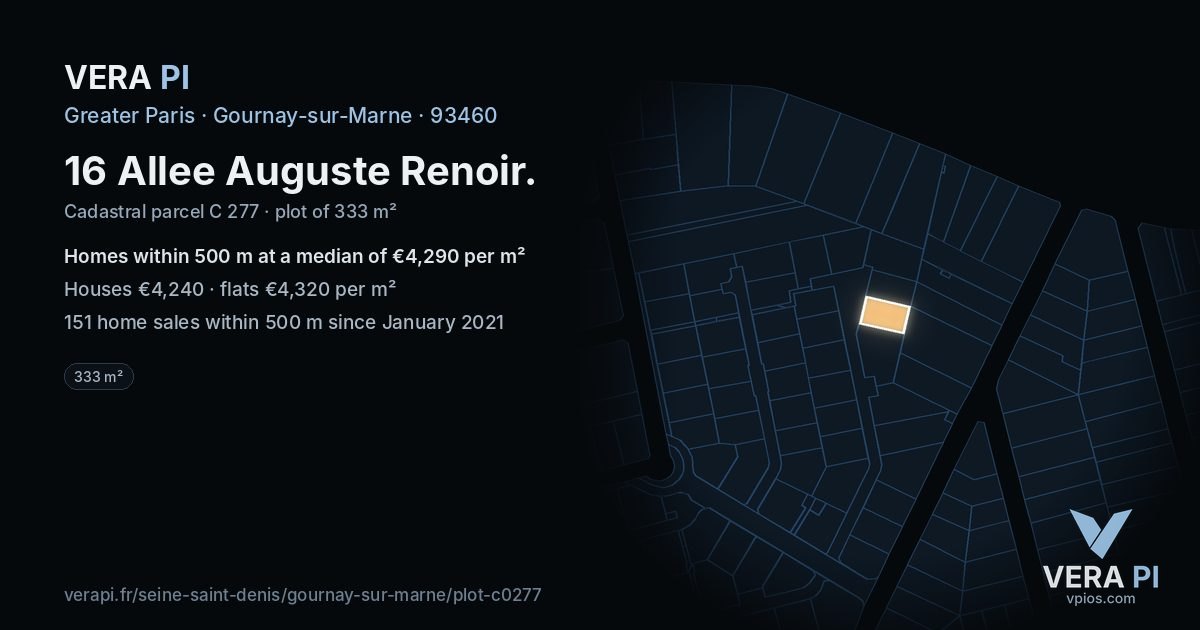 16 Allee Auguste Renoir, Gournay-sur-Marne at night – the plot lit, the parcels around coloured by the prices near them