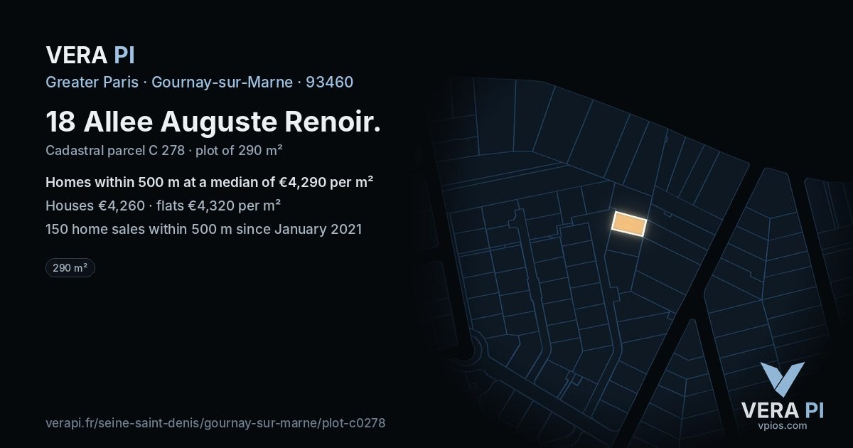 18 Allee Auguste Renoir, Gournay-sur-Marne at night – the plot lit, the parcels around coloured by the prices near them