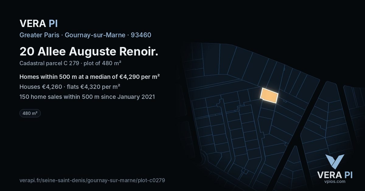 20 Allee Auguste Renoir, Gournay-sur-Marne at night – the plot lit, the parcels around coloured by the prices near them