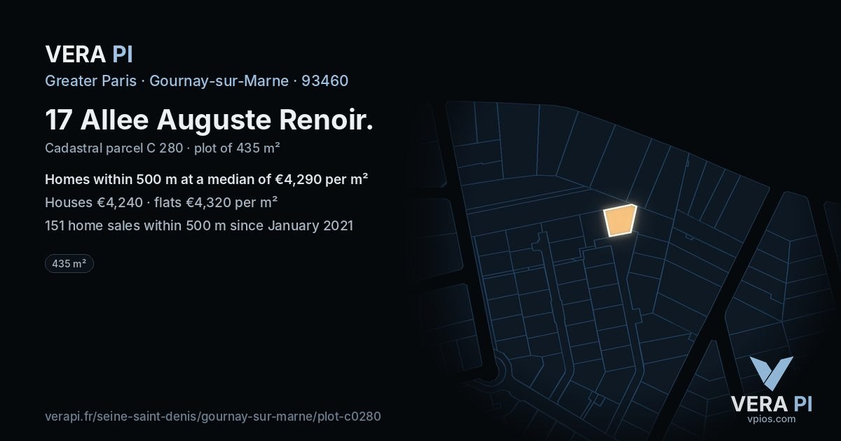 17 Allee Auguste Renoir, Gournay-sur-Marne at night – the plot lit, the parcels around coloured by the prices near them