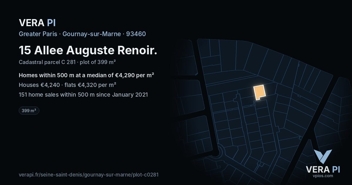 15 Allee Auguste Renoir, Gournay-sur-Marne at night – the plot lit, the parcels around coloured by the prices near them