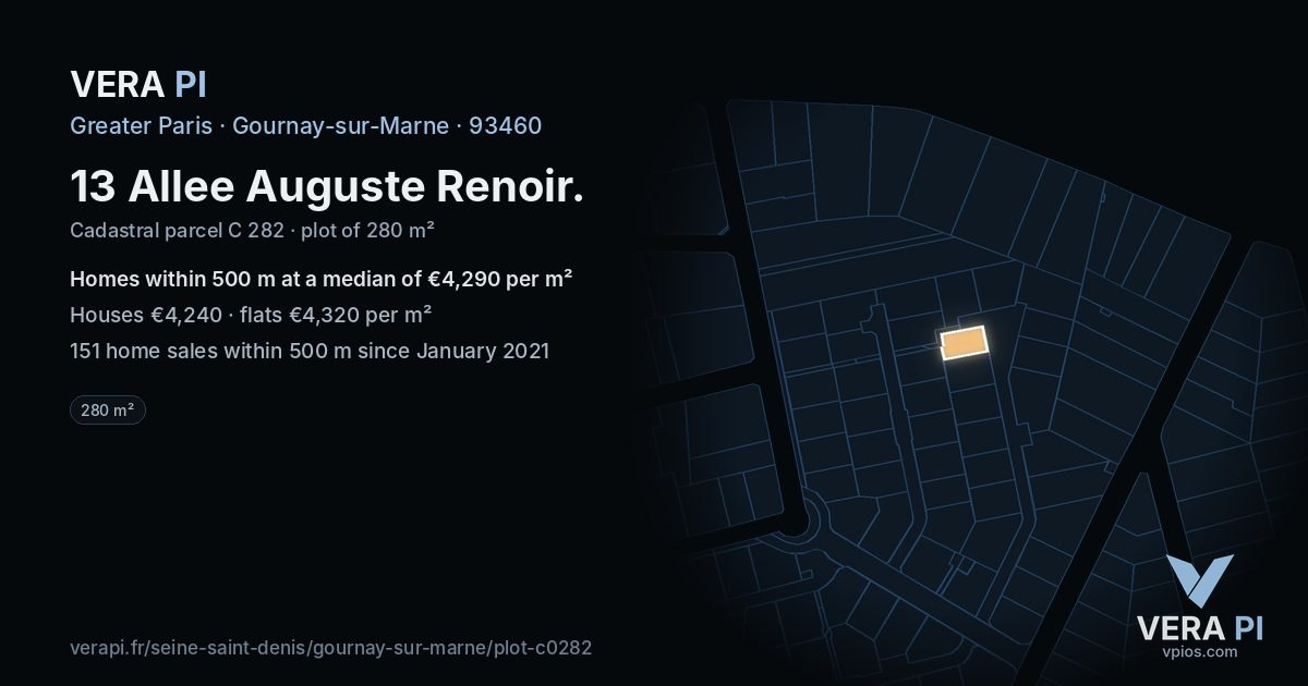 13 Allee Auguste Renoir, Gournay-sur-Marne at night – the plot lit, the parcels around coloured by the prices near them