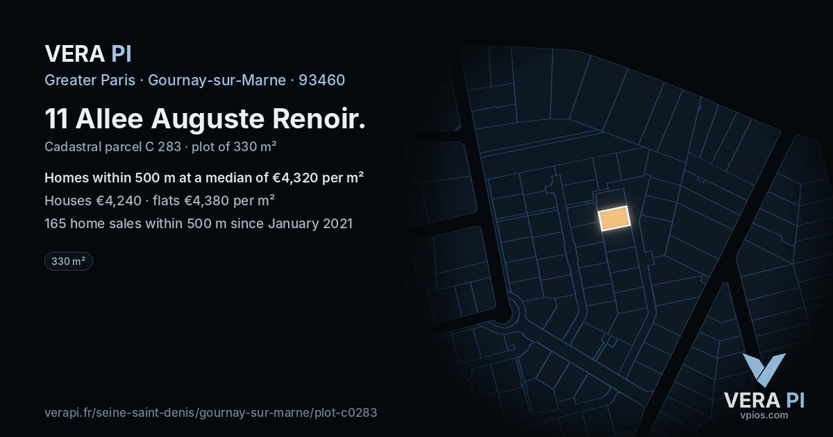 11 Allee Auguste Renoir, Gournay-sur-Marne at night – the plot lit, the parcels around coloured by the prices near them