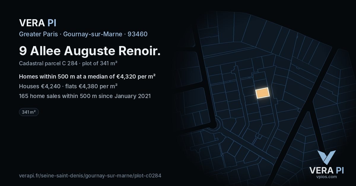 9 Allee Auguste Renoir, Gournay-sur-Marne at night – the plot lit, the parcels around coloured by the prices near them
