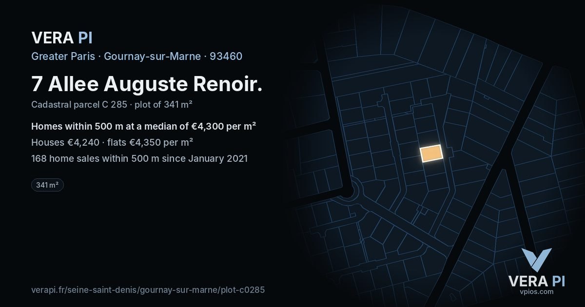 7 Allee Auguste Renoir, Gournay-sur-Marne at night – the plot lit, the parcels around coloured by the prices near them